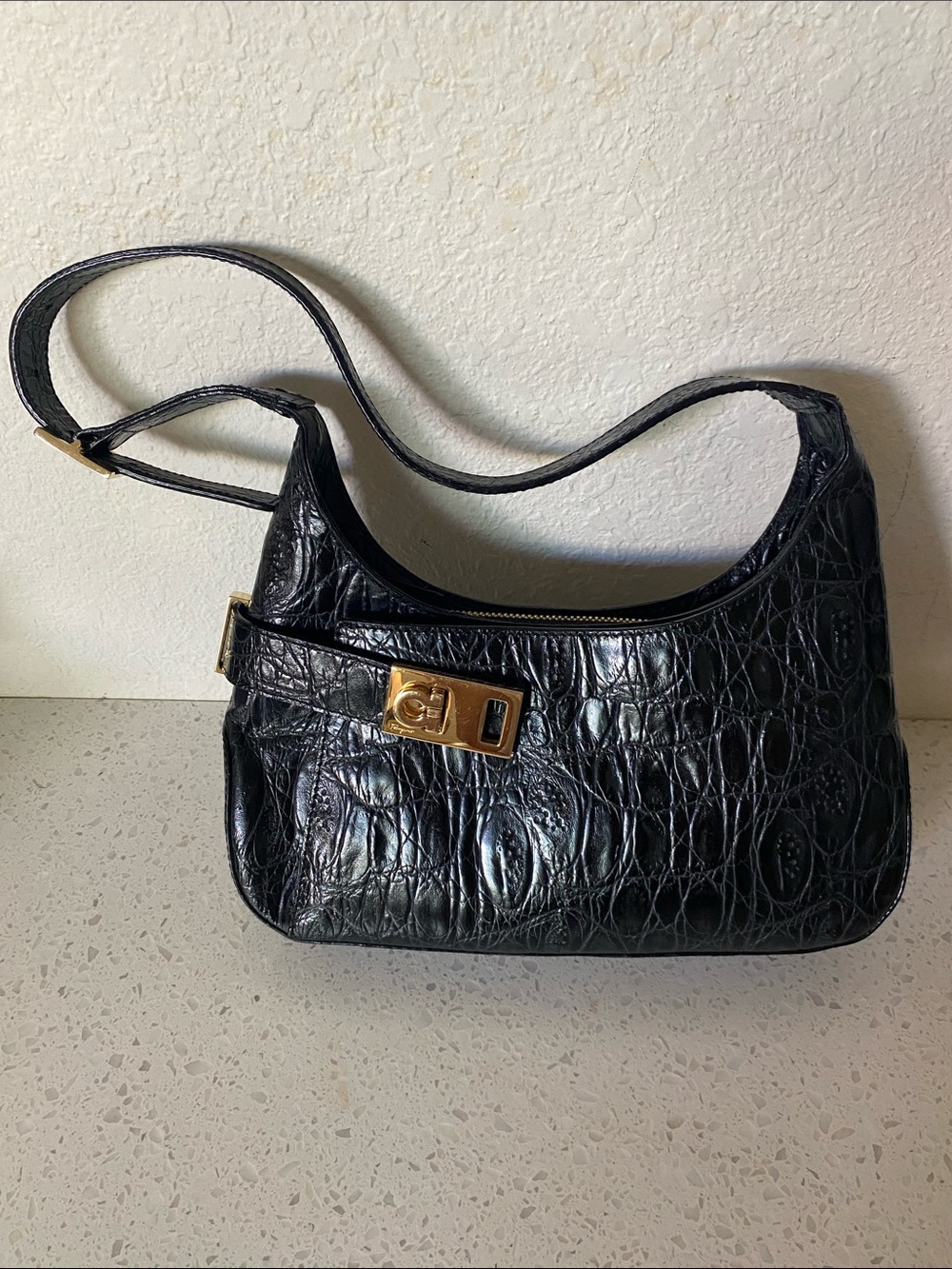 Salvatore Ferragamo Black Croc-Embossed Shoulder Bag with Gold Hardware